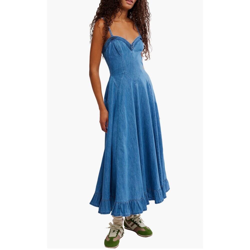 Free People Another Season Boardwalk Blue Denim Midi Dress XL (NEW) - Picture 8 of 9